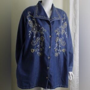 VTG LA Blues Denim Jean Embroidered Beaded Shirt Jacket Shacket Beaded 2X